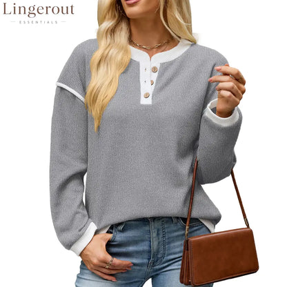 Contrast Trim Henley Knit Long Sleeve Top - Grey / S