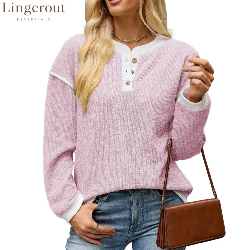 Contrast Trim Henley Knit Long Sleeve Top - Pink / S