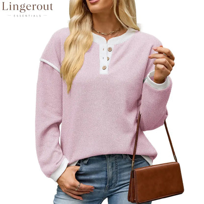 Contrast Trim Henley Knit Long Sleeve Top - Pink / S