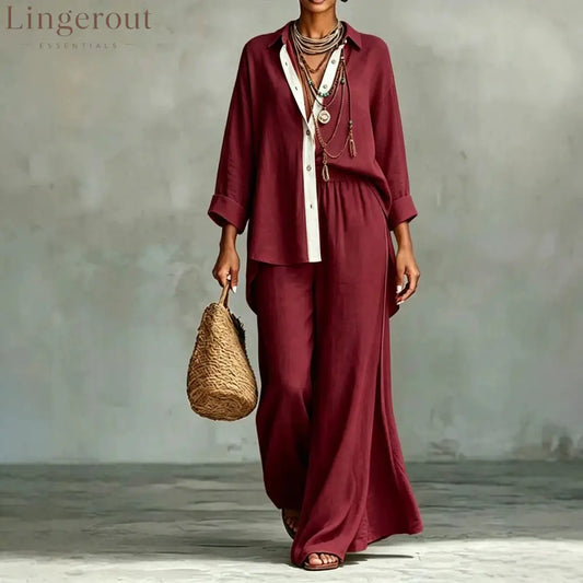 Contrast Trim Linen Shirt Wide Leg Pants 2 Piece Set