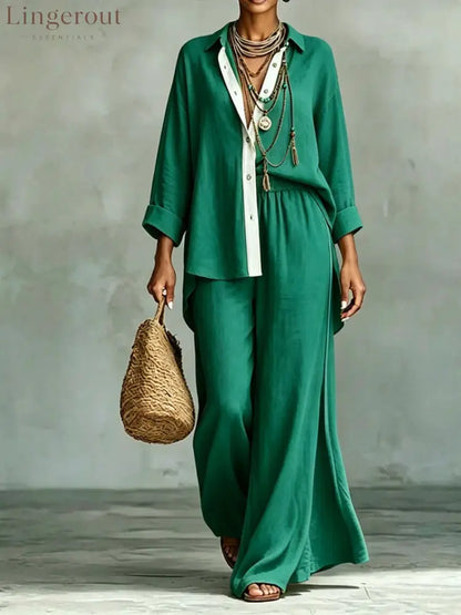 Contrast Trim Linen Shirt Wide Leg Pants 2 Piece Set - Green / S