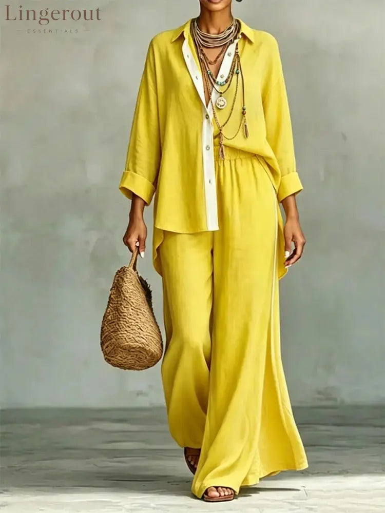 Contrast Trim Linen Shirt Wide Leg Pants 2 Piece Set - Yellow / S