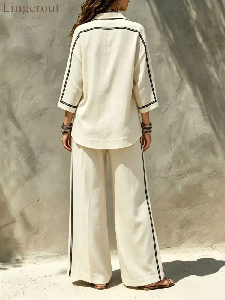 Contrast Trim Shirt & Wide‑Leg Pants Two‑Piece Set