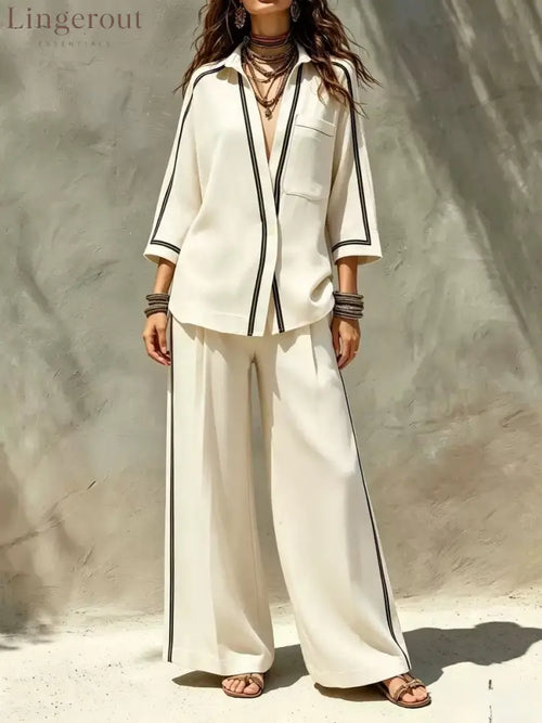 Contrast Trim Shirt & Wide‑Leg Pants Two‑Piece Set