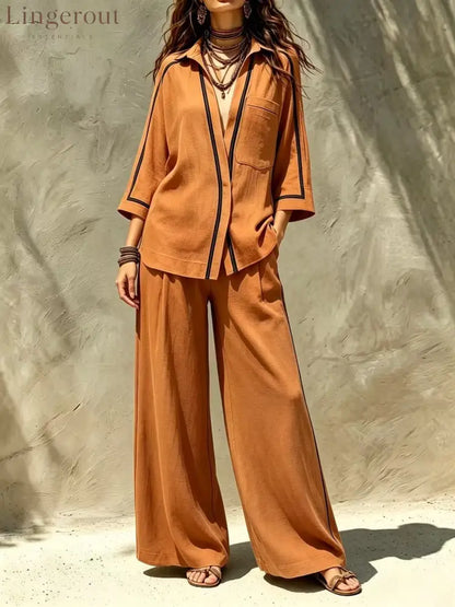 Contrast Trim Shirt & Wide‑Leg Pants Two‑Piece Set - Amber / S