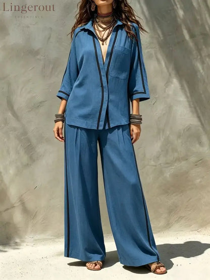 Contrast Trim Shirt & Wide‑Leg Pants Two‑Piece Set - Blue / S