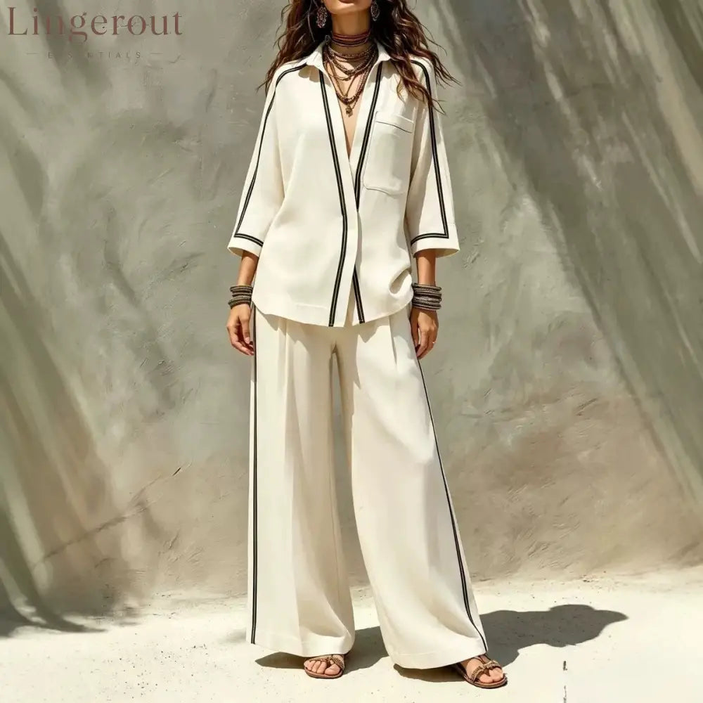 Contrast Trim Shirt & Wide‑Leg Pants Two‑Piece Set - Off-white / S