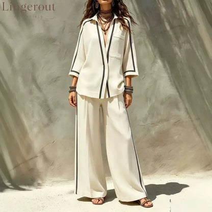 Contrast Trim Shirt & Wide‑Leg Pants Two‑Piece Set - Off-white / S