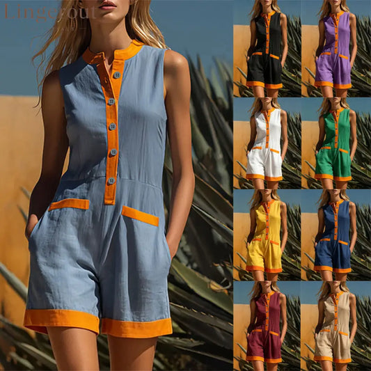 Contrast Trim Sleeveless Linen Short Jumpsuit