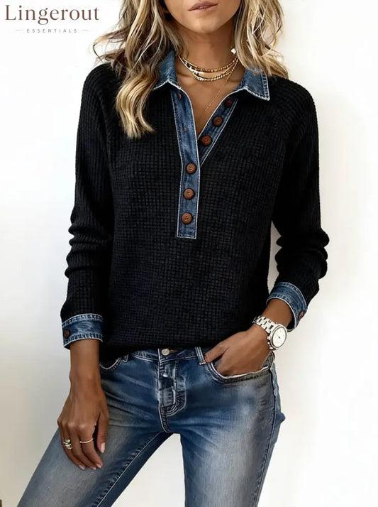 Cool Long Sleeve Denim Collar Button Front Top