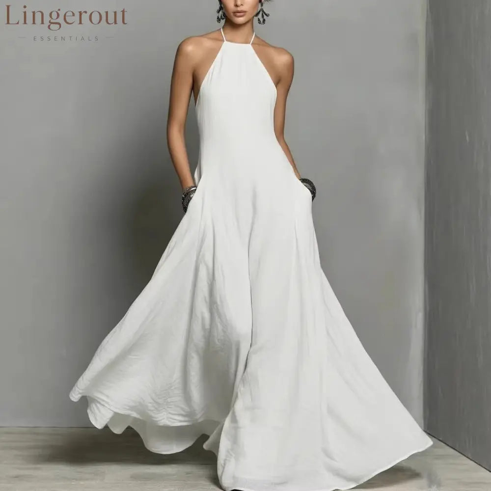 Cotton And Linen Blend Simple Backless Sleeveless Long Dress