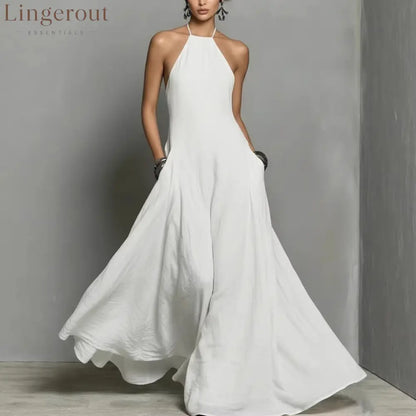 Cotton And Linen Blend Simple Backless Sleeveless Long Dress