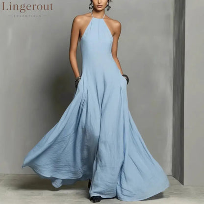 Cotton And Linen Blend Simple Backless Sleeveless Long Dress - Light blue / S