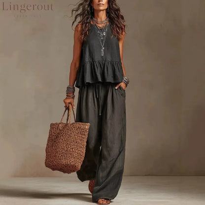 Cotton linen 2 Piece Set: Sleeveless Ruffle Tank Top & Drawstring Wide Leg Pants