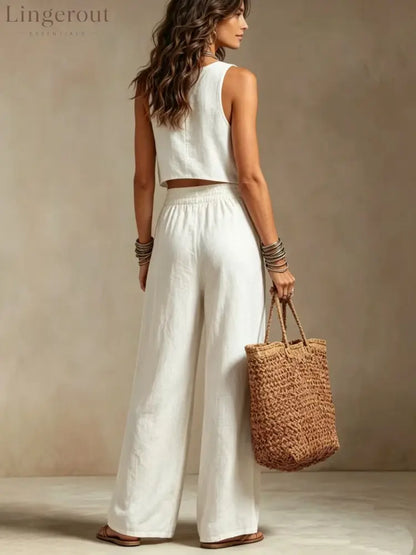 Cotton linen 2 Piece Set: Sleeveless Ruffle Tank Top & Drawstring Wide Leg Pants