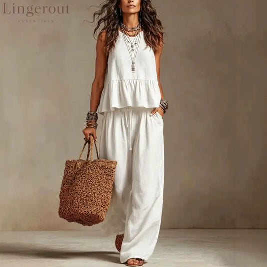 Cotton linen 2 Piece Set: Sleeveless Ruffle Tank Top & Drawstring Wide Leg Pants