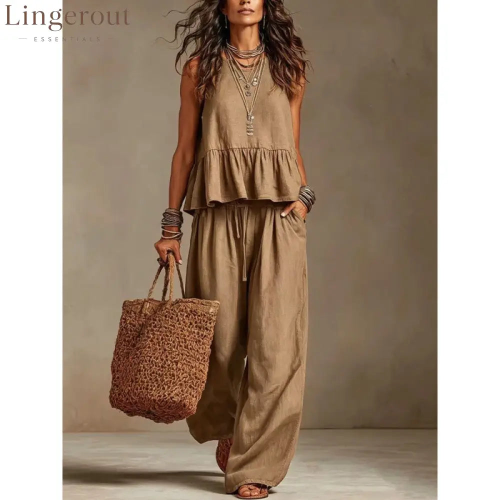 Cotton linen 2 Piece Set: Sleeveless Ruffle Tank Top & Drawstring Wide Leg Pants - Khaki / S