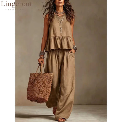Cotton linen 2 Piece Set: Sleeveless Ruffle Tank Top & Drawstring Wide Leg Pants - Khaki / S
