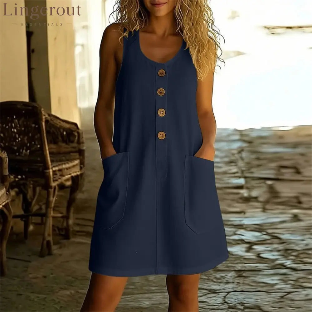 Cotton-Linen Button-Front A-Line Mini Dress - Navy blue / S