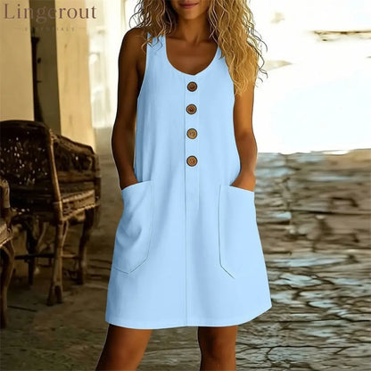 Cotton-Linen Button-Front A-Line Mini Dress - Sky blue / S