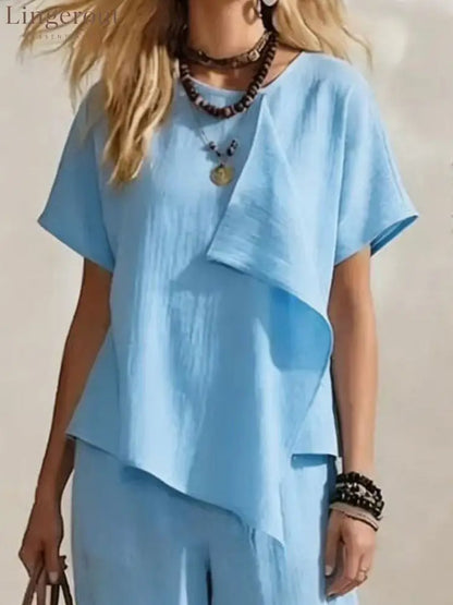 Cotton-linen Round-neck Asymmetrical Top + Side-slit Wide-leg Pants Two-piece Set