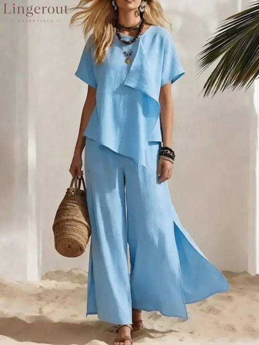 Cotton-linen Round-neck Asymmetrical Top + Side-slit Wide-leg Pants Two-piece Set - Sky blue / S