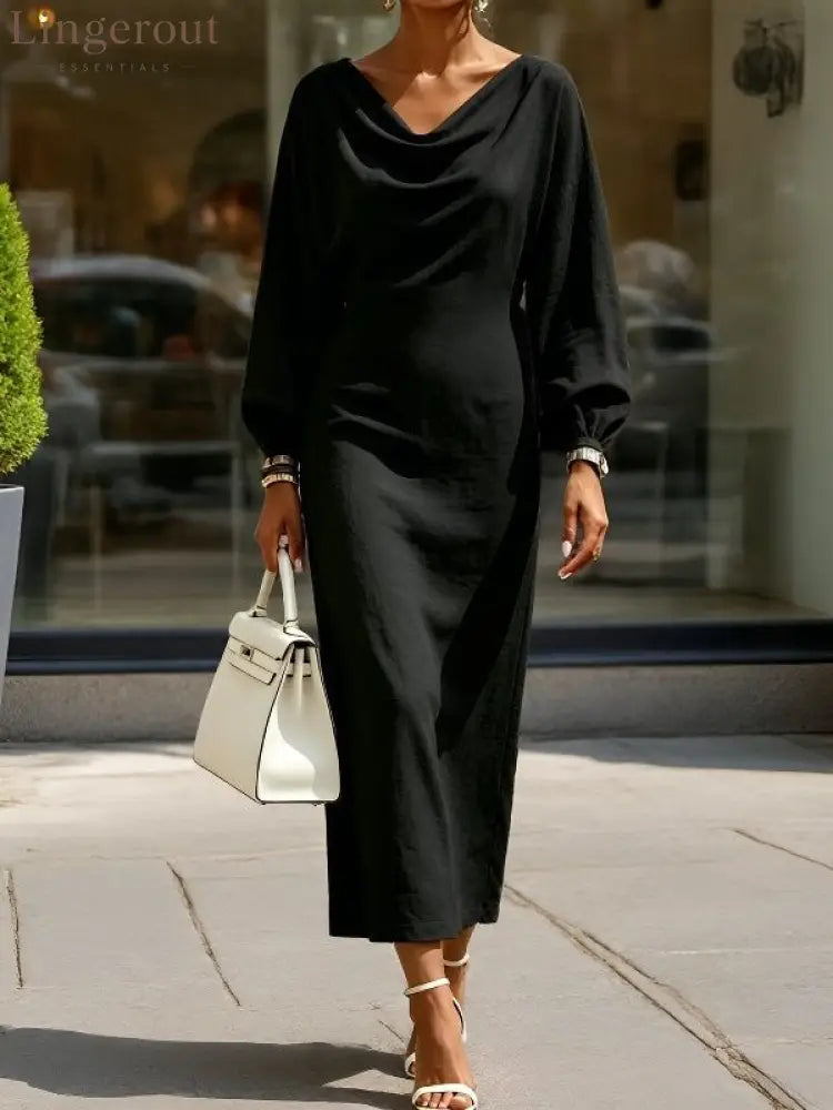 Cowl‑Neck Batwing Sleeve Bodycon Midi Dress - Black / S