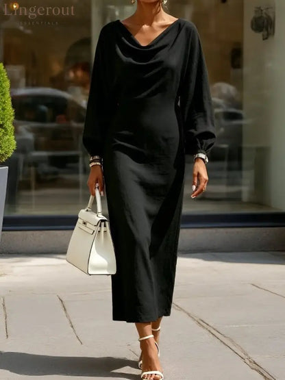 Cowl‑Neck Batwing Sleeve Bodycon Midi Dress - Black / S