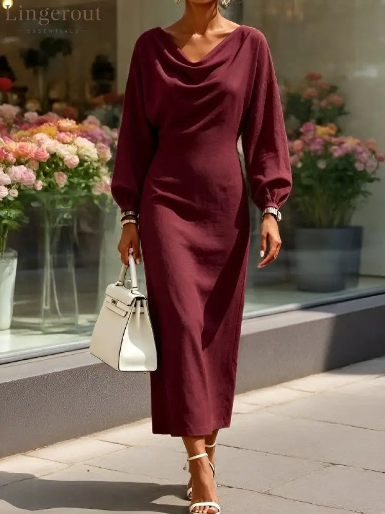 Cowl‑Neck Batwing Sleeve Bodycon Midi Dress - Burgundy / S