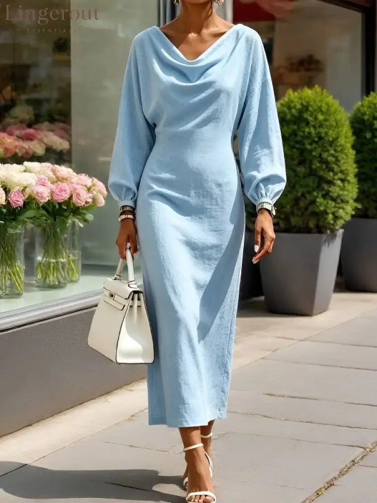 Cowl‑Neck Batwing Sleeve Bodycon Midi Dress - Light blue / S