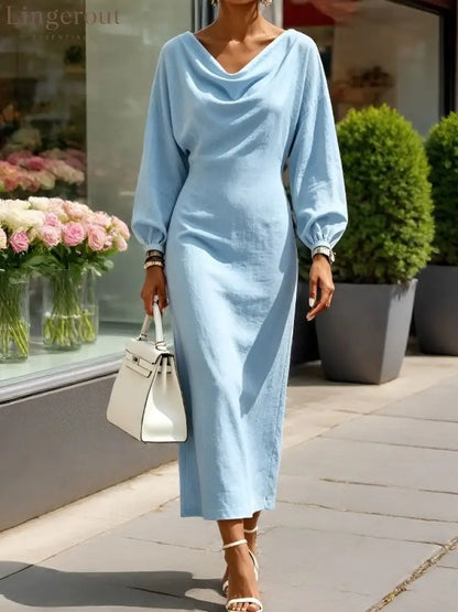 Cowl‑Neck Batwing Sleeve Bodycon Midi Dress - Light blue / S