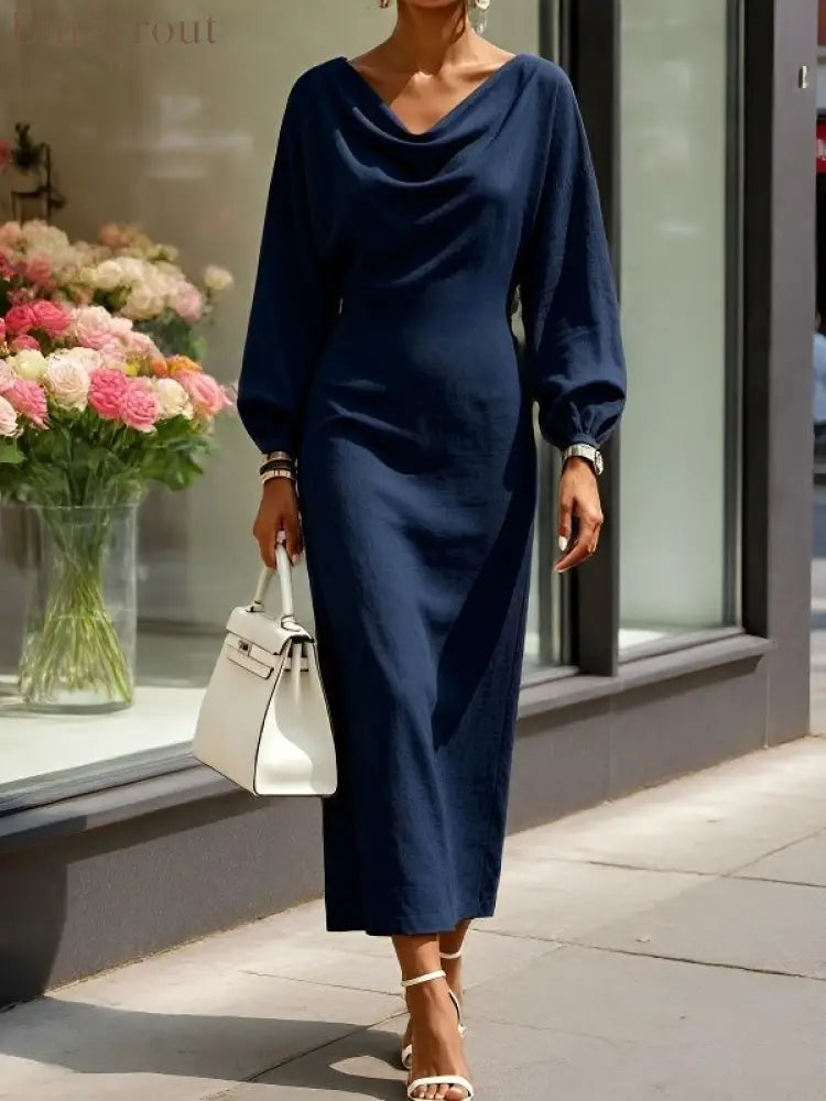 Cowl‑Neck Batwing Sleeve Bodycon Midi Dress - Navy blue / S