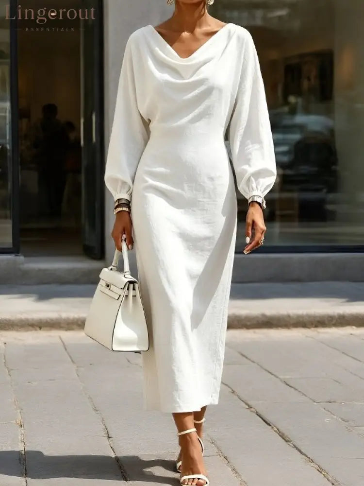 Cowl‑Neck Batwing Sleeve Bodycon Midi Dress - White / S