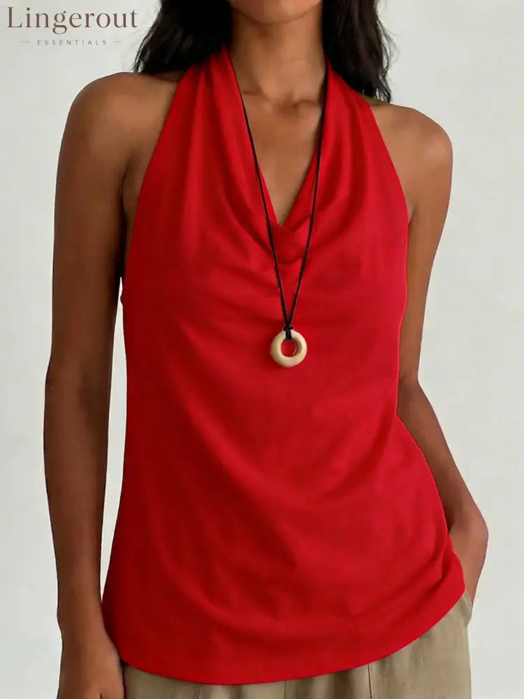 Cowl Neck Halter Top - Red / S
