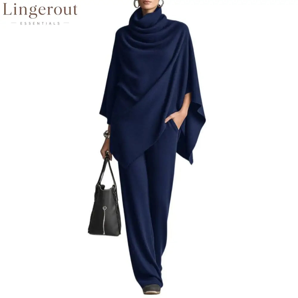 Cowl Neck Knit Poncho & Wide‑Leg Pants Two‑Piece Set