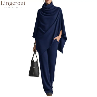 Cowl Neck Knit Poncho & Wide‑Leg Pants Two‑Piece Set