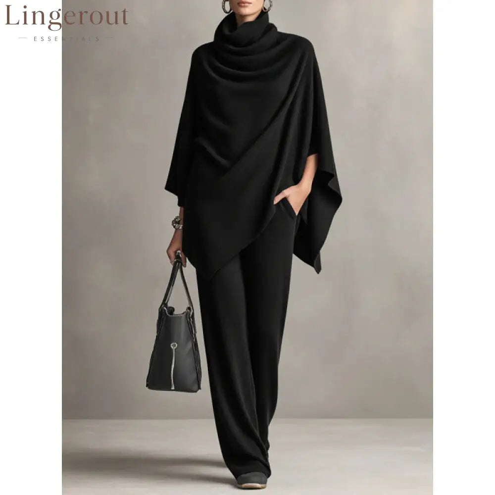 Cowl Neck Knit Poncho & Wide‑Leg Pants Two‑Piece Set - Black / S