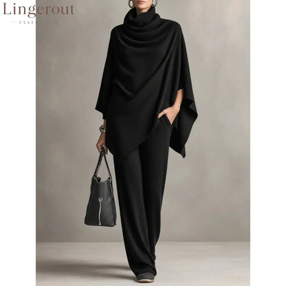 Cowl Neck Knit Poncho & Wide‑Leg Pants Two‑Piece Set - Black / S