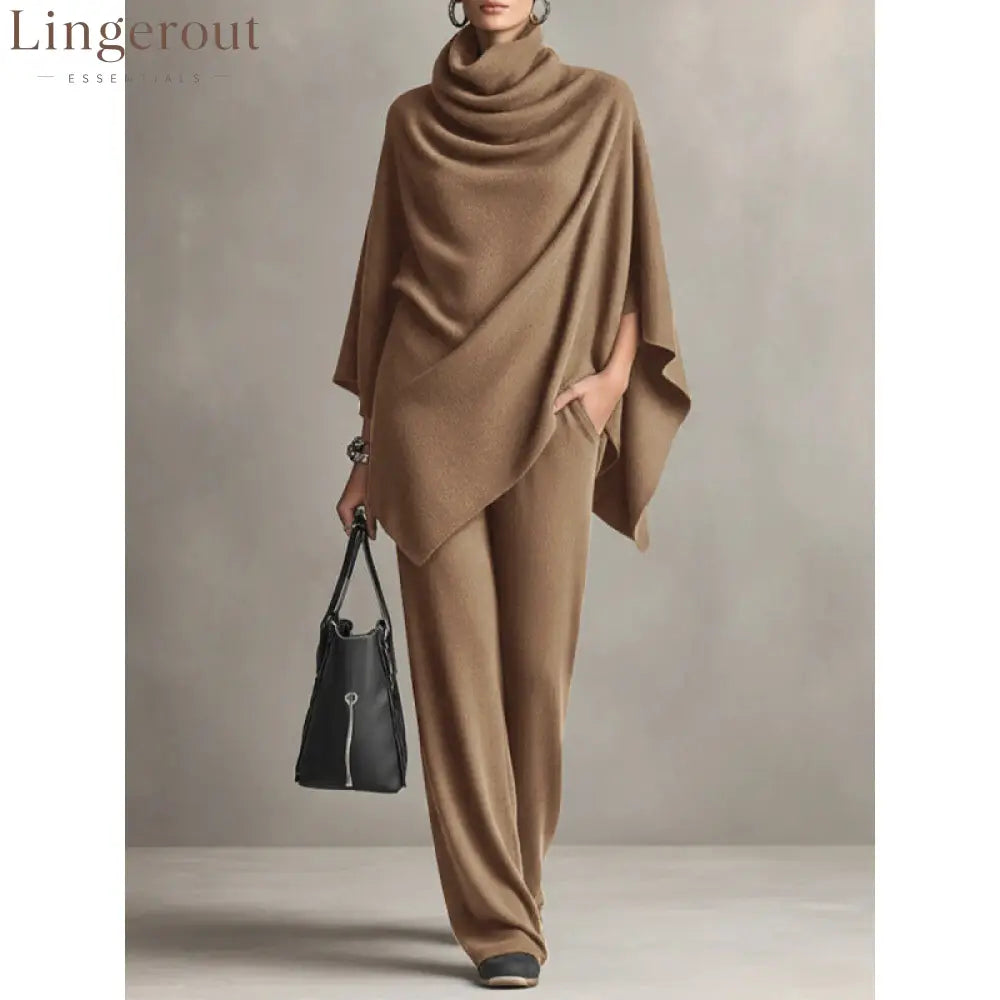 Cowl Neck Knit Poncho & Wide‑Leg Pants Two‑Piece Set - Camel / S