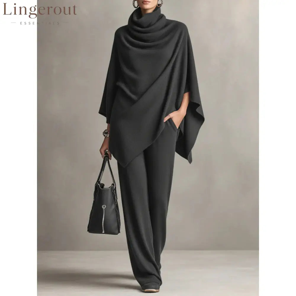 Cowl Neck Knit Poncho & Wide‑Leg Pants Two‑Piece Set - Carbon gray / S