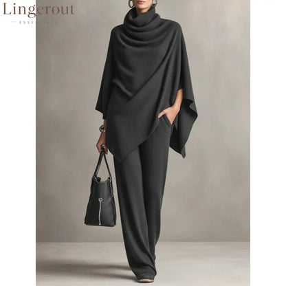 Cowl Neck Knit Poncho & Wide‑Leg Pants Two‑Piece Set - Carbon gray / S