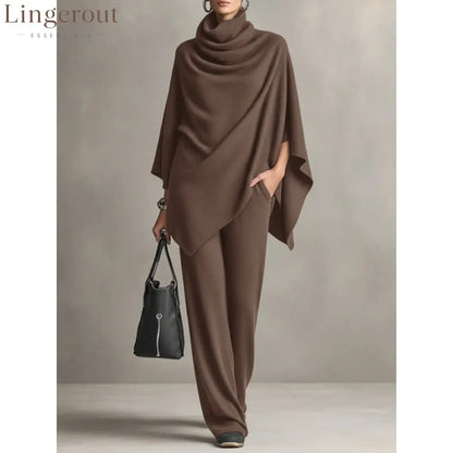 Cowl Neck Knit Poncho & Wide‑Leg Pants Two‑Piece Set - Light coffee / S