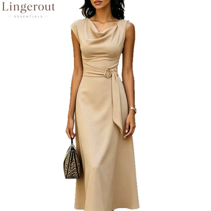 Cowl Neck Sleeveless Belted Midi Dress