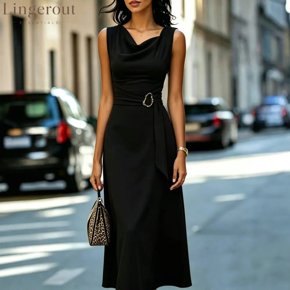 Cowl Neck Sleeveless Belted Midi Dress - Black / S