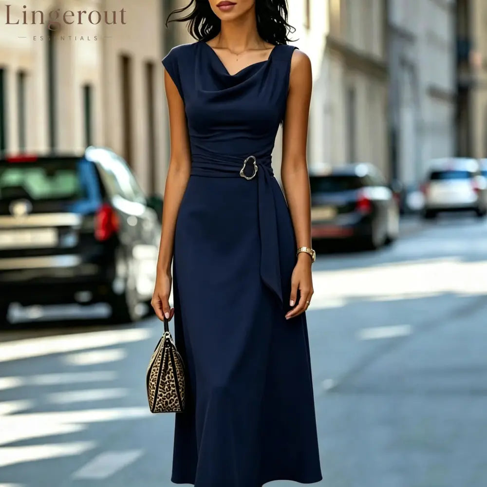 Cowl Neck Sleeveless Belted Midi Dress - Navy blue / S