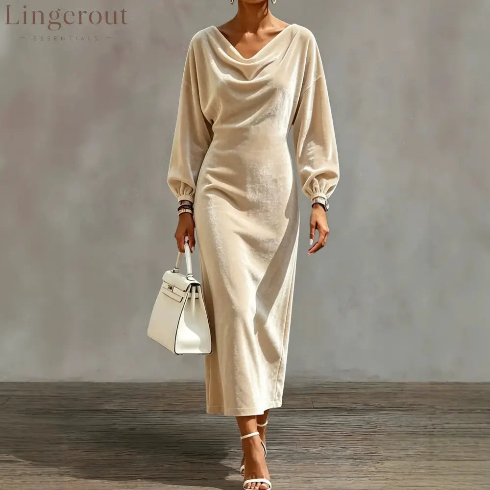 Cowl Neck Velvet Midi Dress with Balloon Sleeves