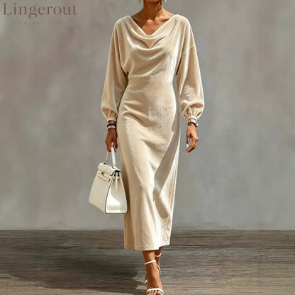 Cowl Neck Velvet Midi Dress with Balloon Sleeves