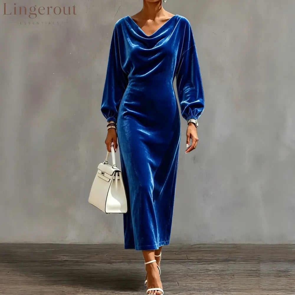 Cowl Neck Velvet Midi Dress with Balloon Sleeves