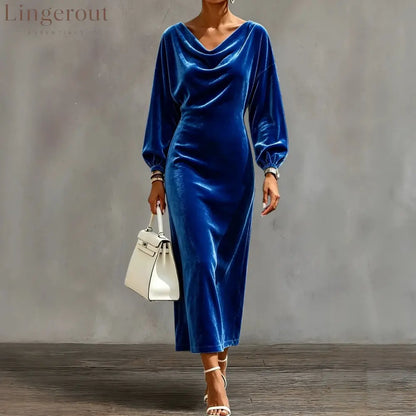 Cowl Neck Velvet Midi Dress with Balloon Sleeves