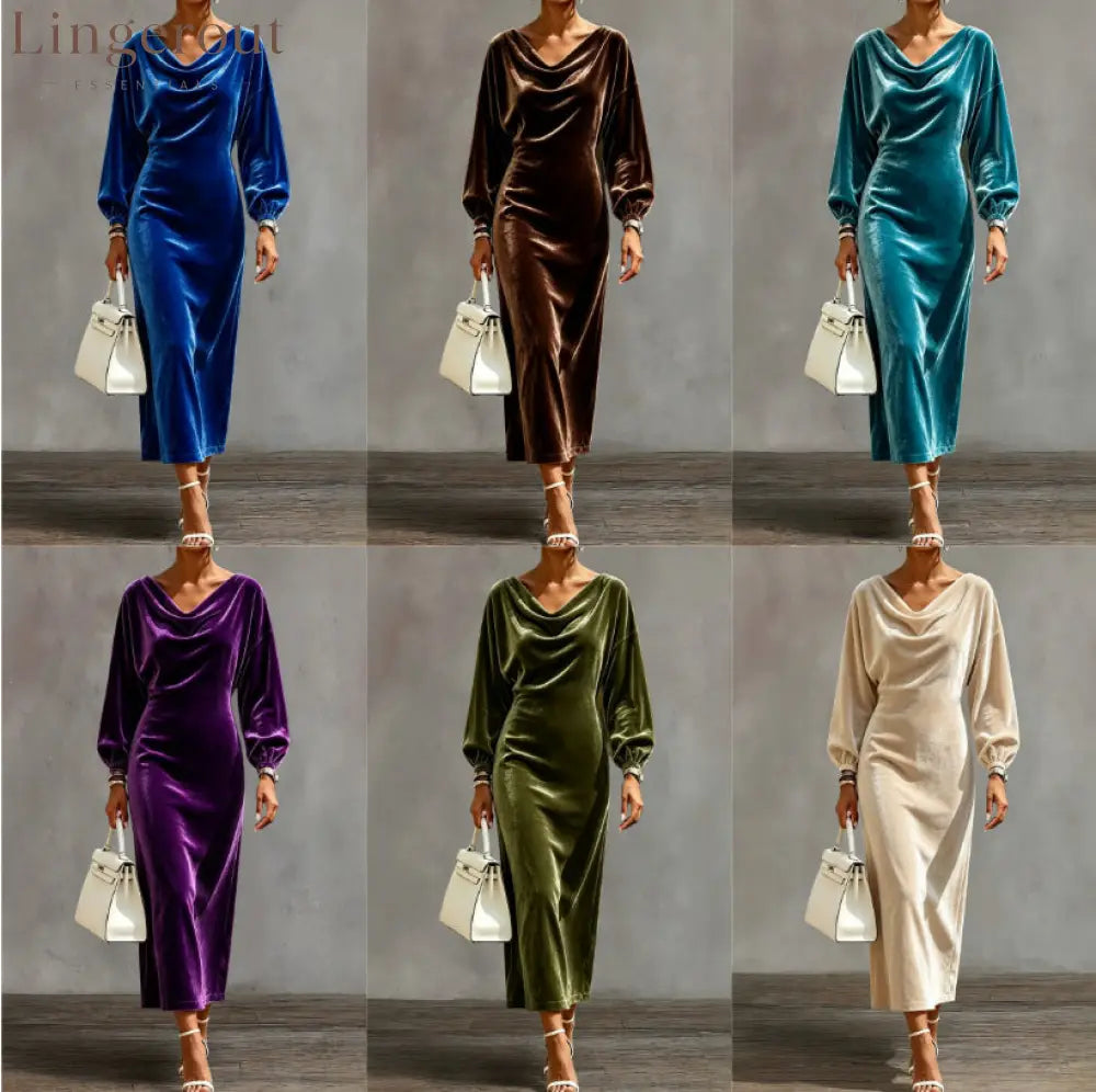 Cowl Neck Velvet Midi Dress with Balloon Sleeves